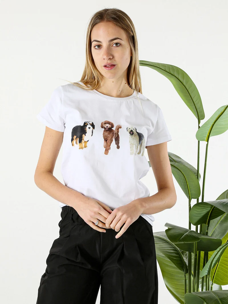 T-shirt donna in cotone con stampa cani - bianco