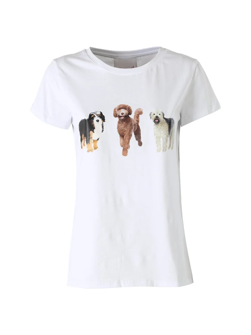 T-shirt donna in cotone con stampa cani - bianco