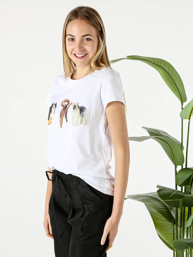T-shirt donna in cotone con stampa cani - bianco