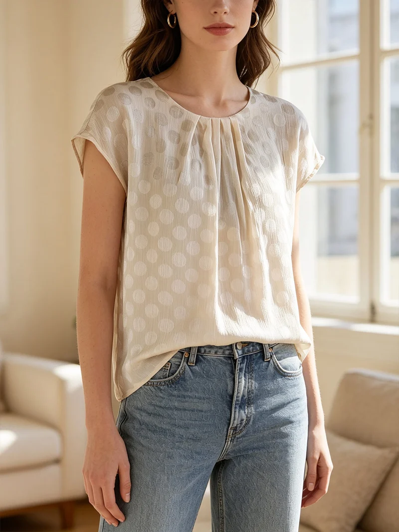 Blusa donna girocollo a maniche corte - beige