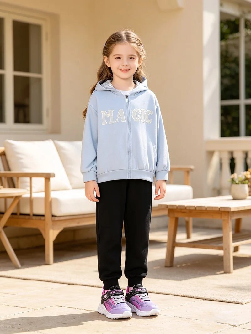 Completo tuta 3 pezzi da bambina con cappuccio e zip - azzurro