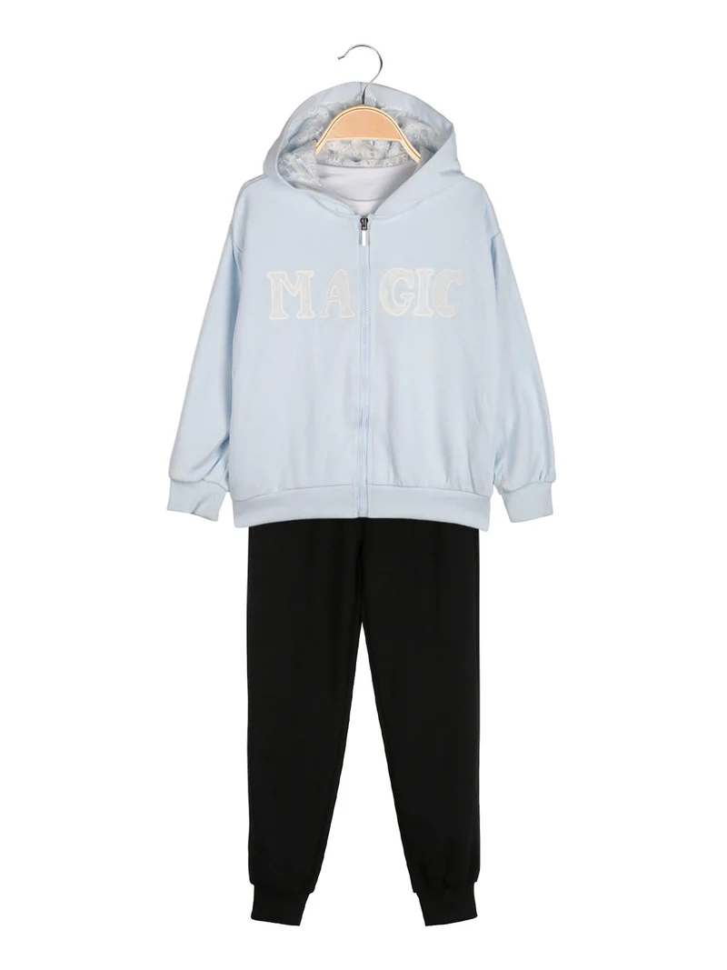 Completo tuta 3 pezzi da bambina con cappuccio e zip - azzurro