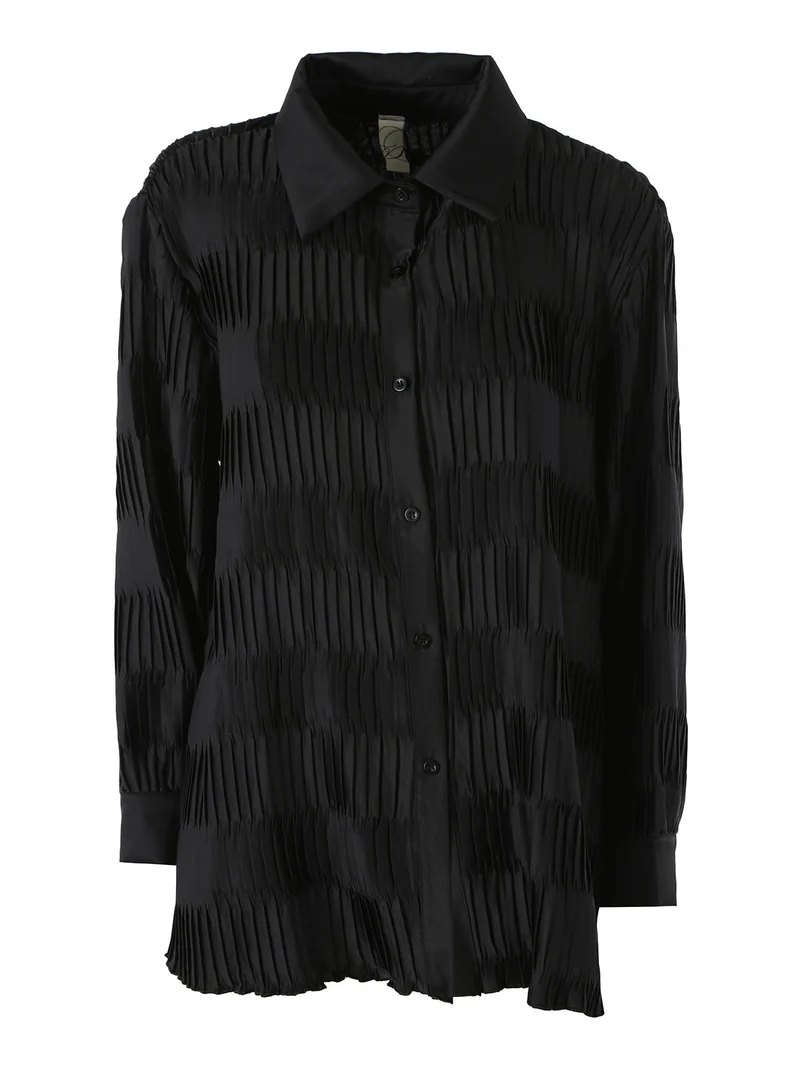 Camicia plissettata da donna con maniche lunghe a palloncino - nero