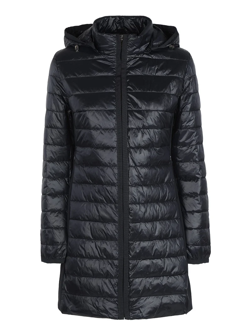 Giubbotto donna lungo modello 100grammi con cappuccio - blu scuro