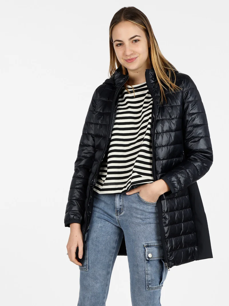 Giubbotto donna lungo modello 100grammi con cappuccio - blu scuro