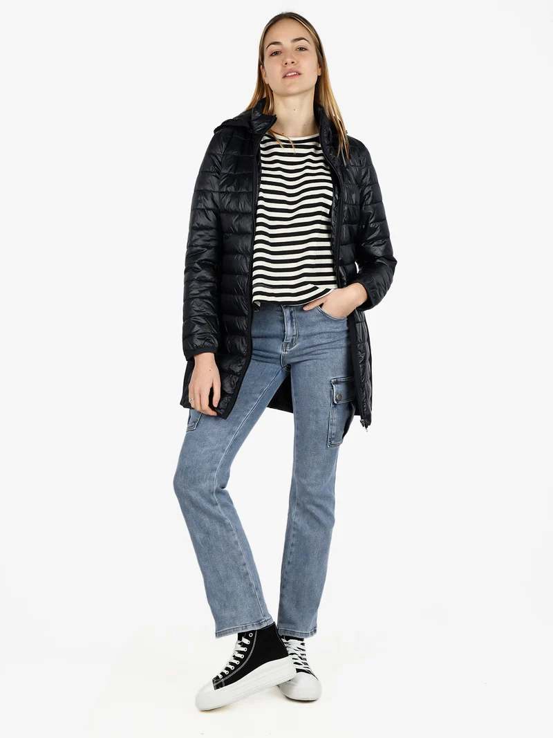 Giubbotto donna lungo modello 100grammi con cappuccio - blu scuro