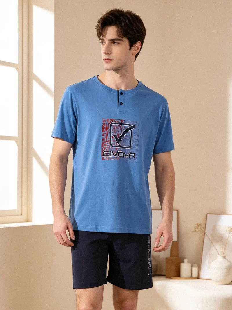 Pigiama corto da uomo in misto cotone con logo - blu