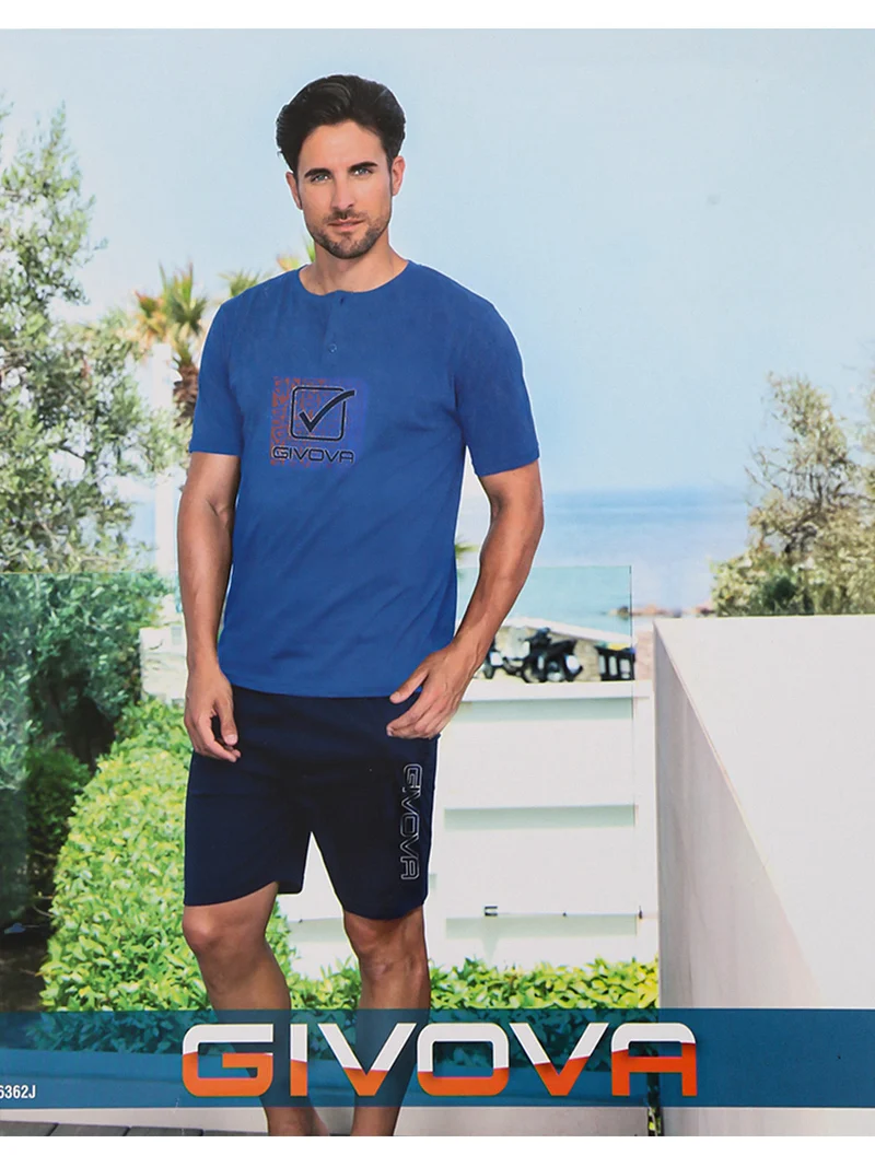 Pigiama corto da uomo in misto cotone con logo - blu