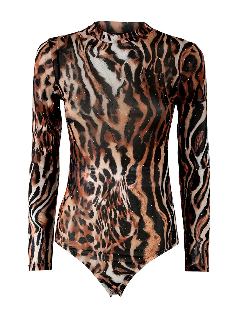 Top body donna animalier a maniche lunghe - marrone
