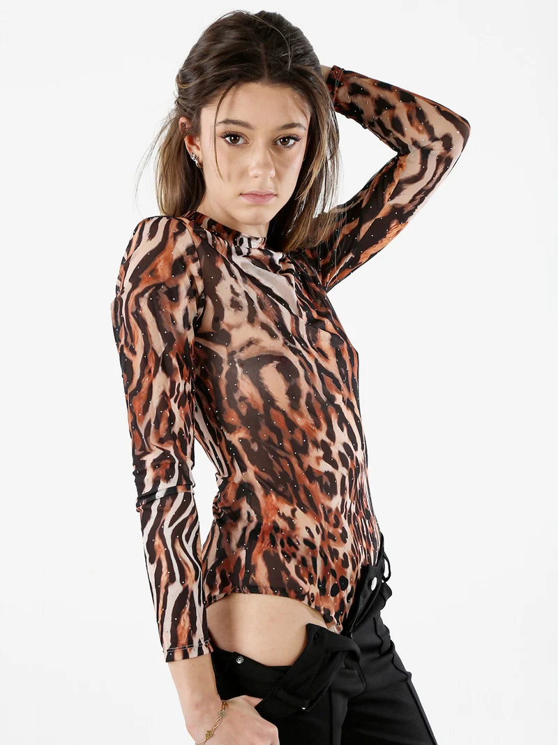 Top body donna animalier a maniche lunghe - marrone