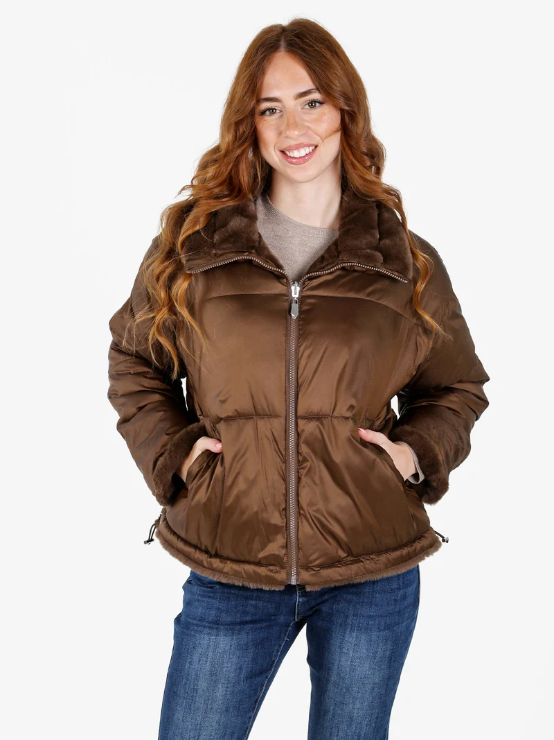 Giubbotto donna reversibile con interno in ecopelo - moro