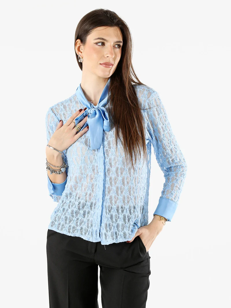 Camicia donna in pizzo a maniche lunghe con dettagli effetto raso - azzurro