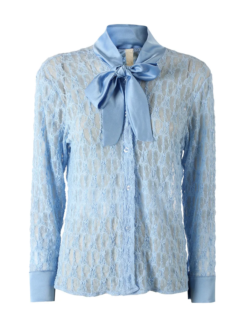 Camicia donna in pizzo a maniche lunghe con dettagli effetto raso - azzurro
