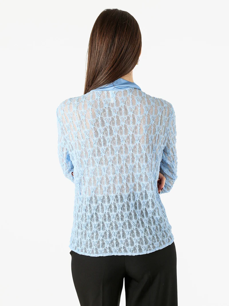Camicia donna in pizzo a maniche lunghe con dettagli effetto raso - azzurro