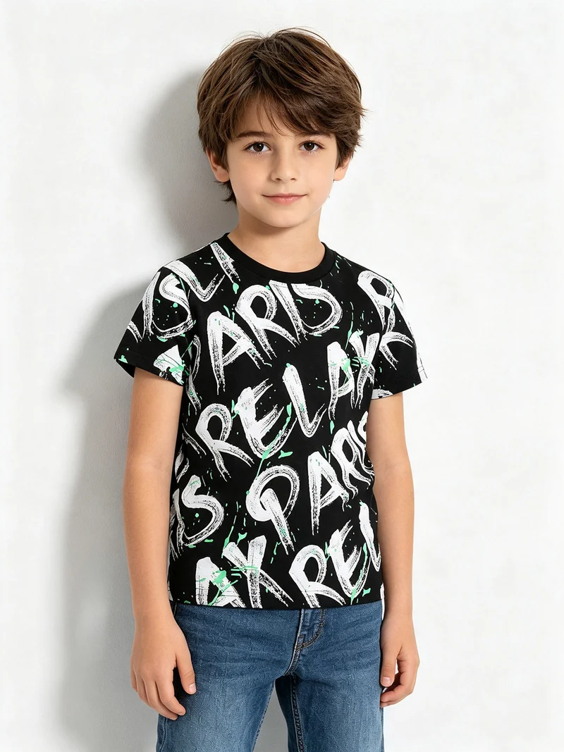 T-shirt manica corta da bambino con scritte - nero