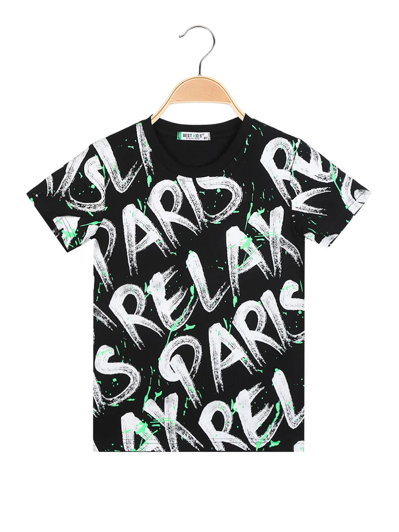 T-shirt manica corta da bambino con scritte - nero