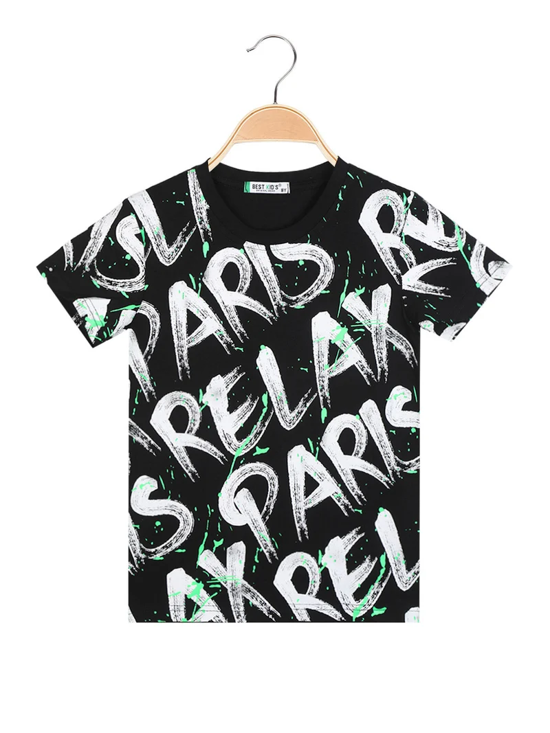T-shirt manica corta da bambino con scritte - nero