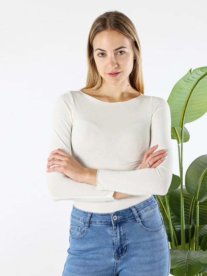 T-shirt donna a maniche lunghe con scollo a barca - bianco