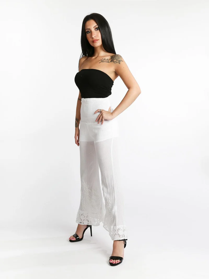 Pantaloni a vita alta con gamba larga - bianco