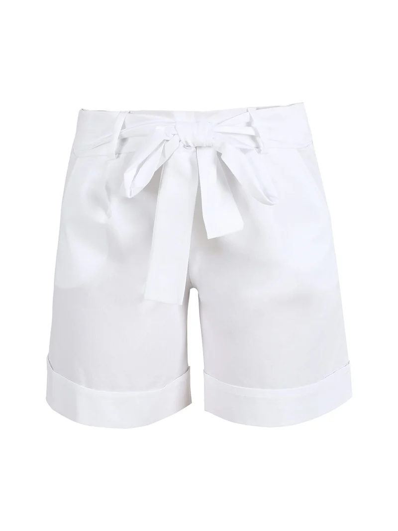 Shorts donna in cotone risvolto e cintura - bianco