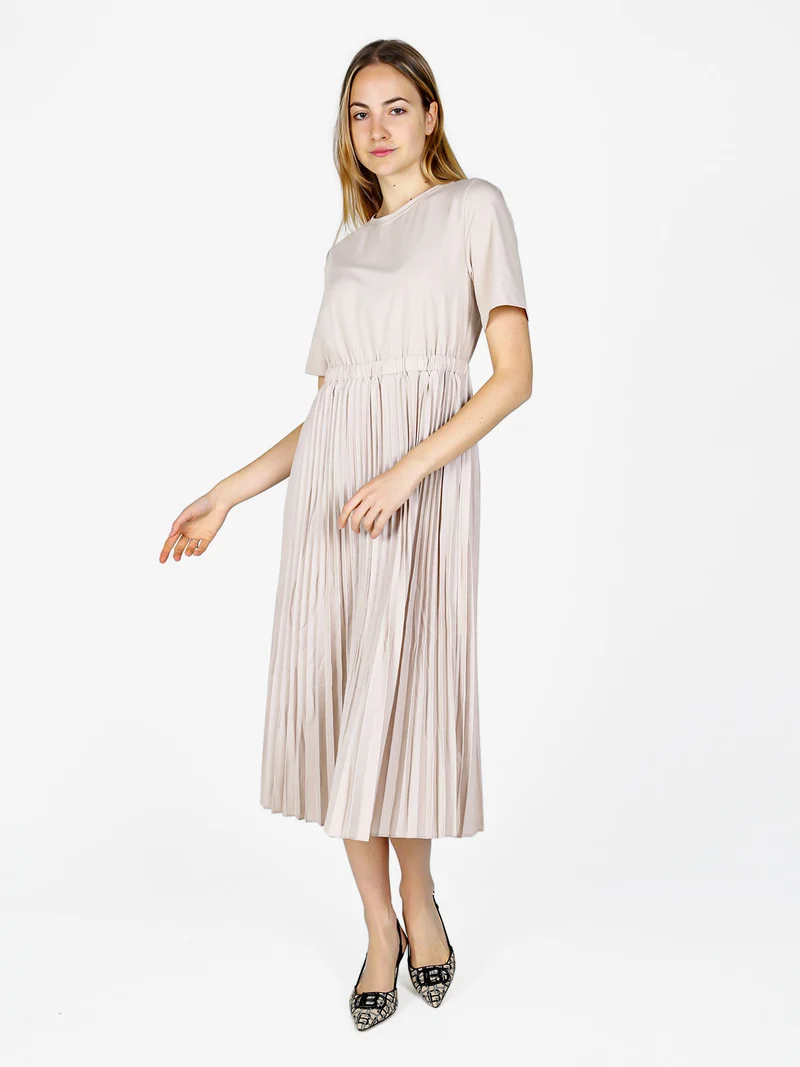 Abito lungo da donna in cotone a maniche corte con gonna plisssettata - beige