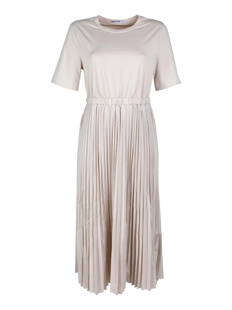 Abito lungo da donna in cotone a maniche corte con gonna plisssettata - beige