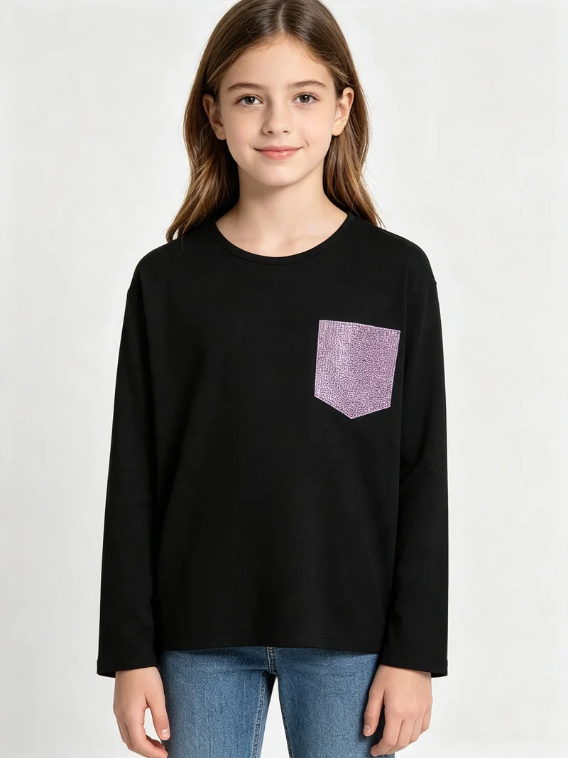 T-shirt da ragazza a maniche lunghe con finto taschino di strass - nero