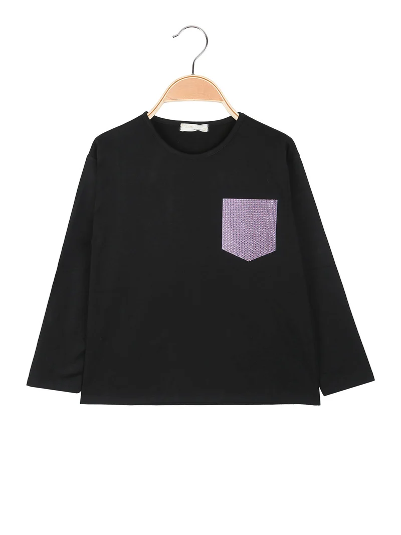 T-shirt da ragazza a maniche lunghe con finto taschino di strass - nero