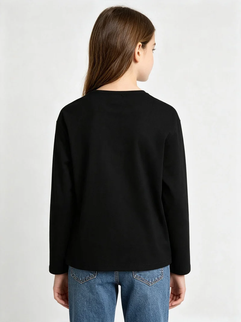 T-shirt da ragazza a maniche lunghe con finto taschino di strass - nero