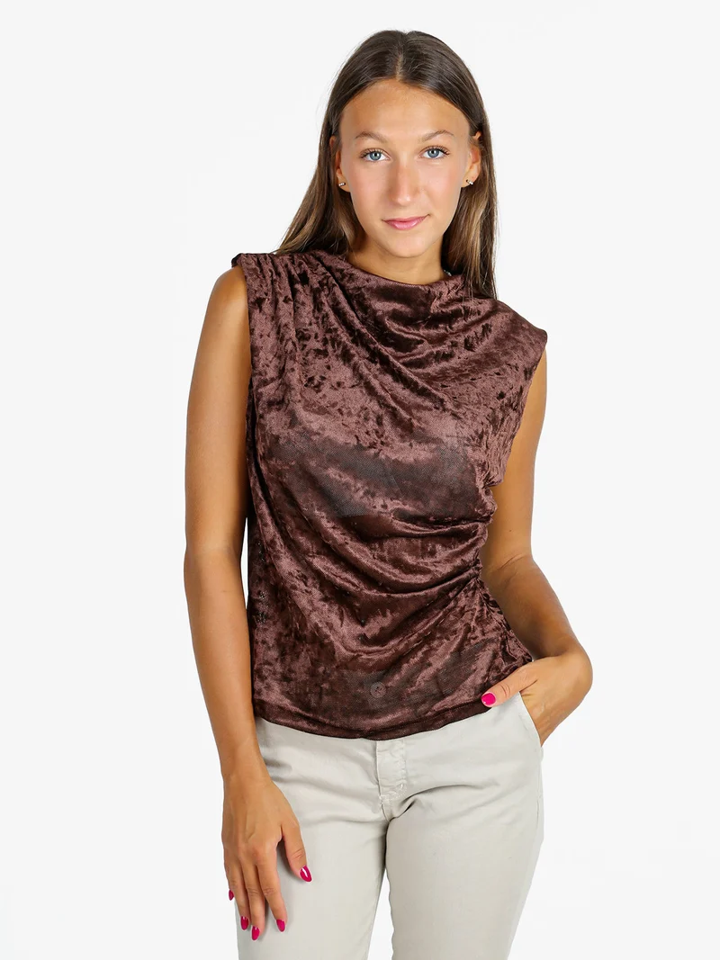 Top donna in velluto con scollo a cascata - moro