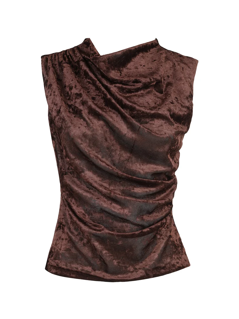 Top donna in velluto con scollo a cascata - moro
