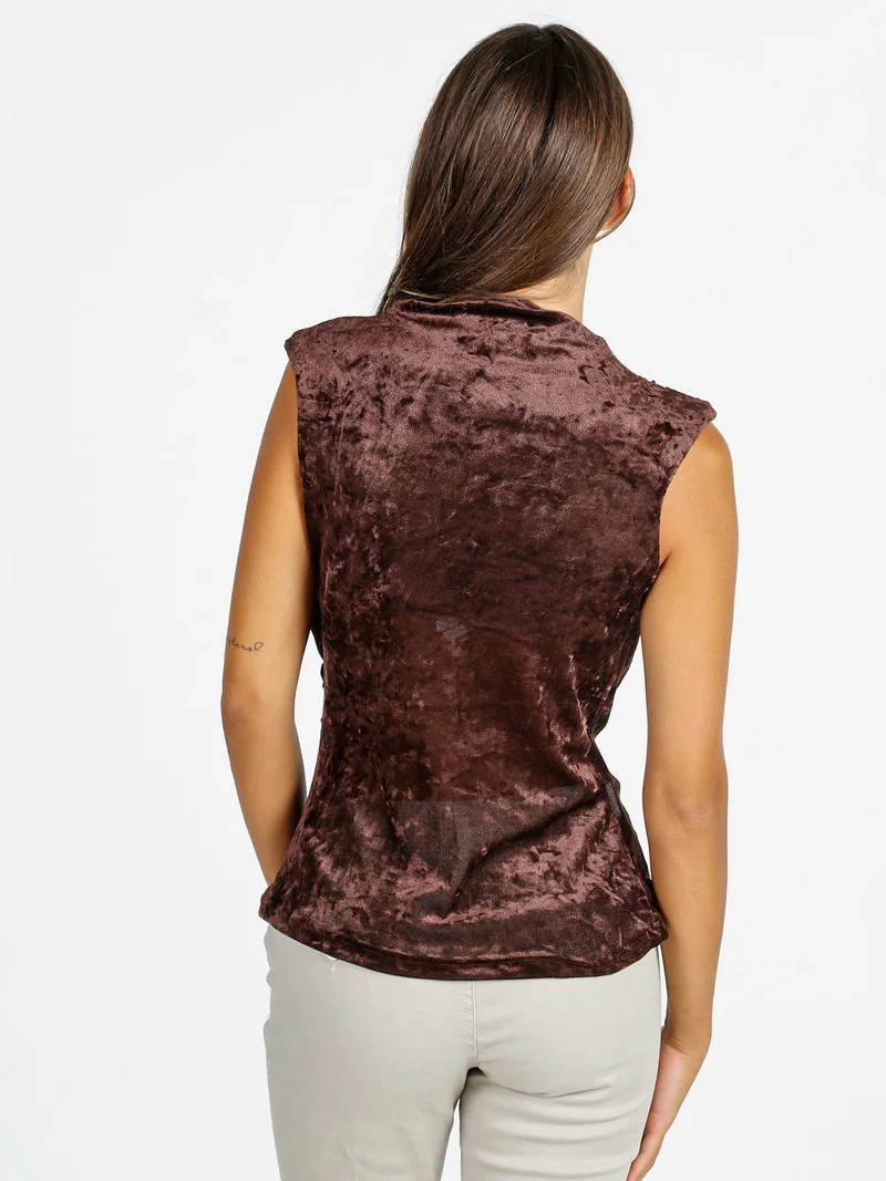 Top donna in velluto con scollo a cascata - moro