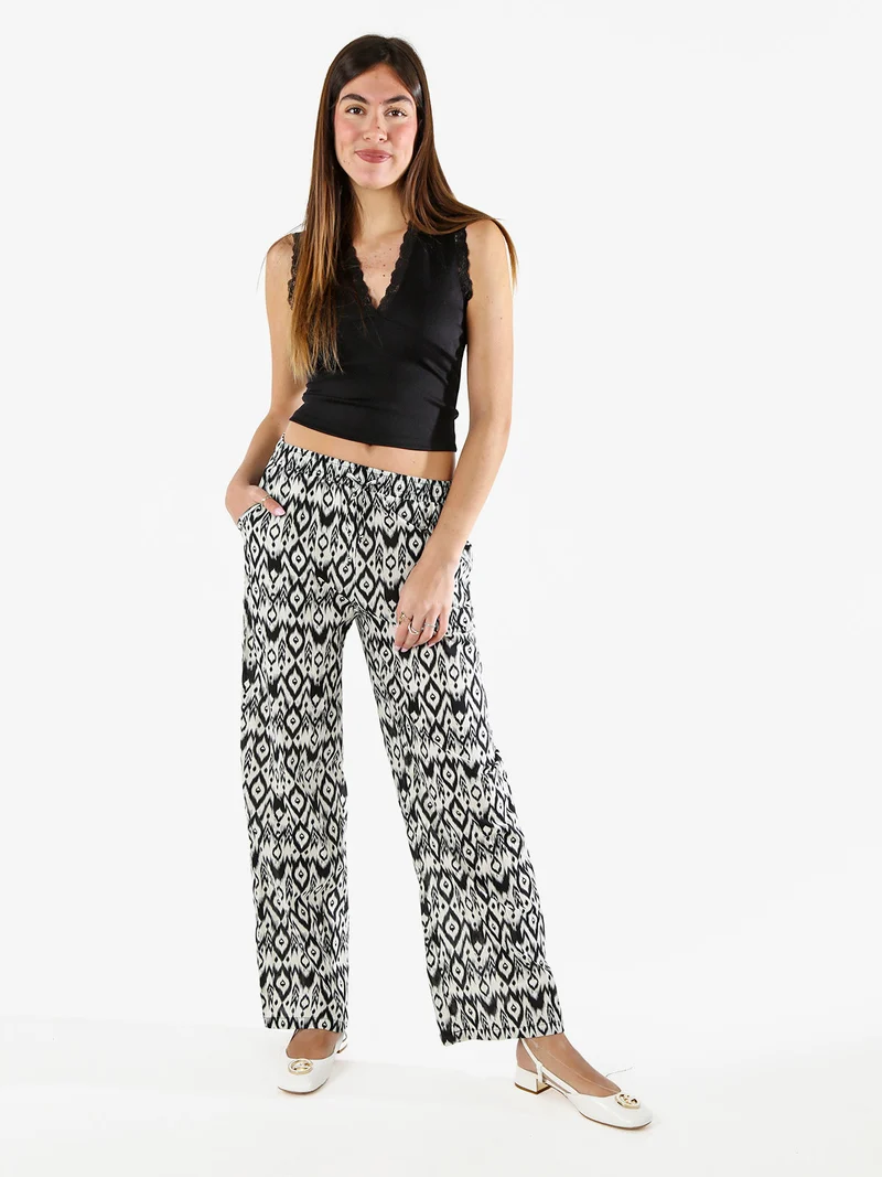 Pantaloni donna in cotone a gamba larga con coulisse e stampe - multicolore