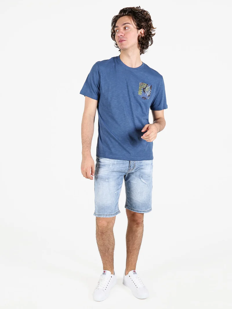T-shirt da uomo in cotone con taschino floreale - blu
