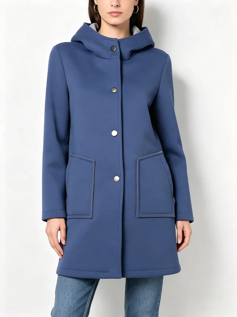 Cappotto da donna in panno con bottoni e cappuccio - blu