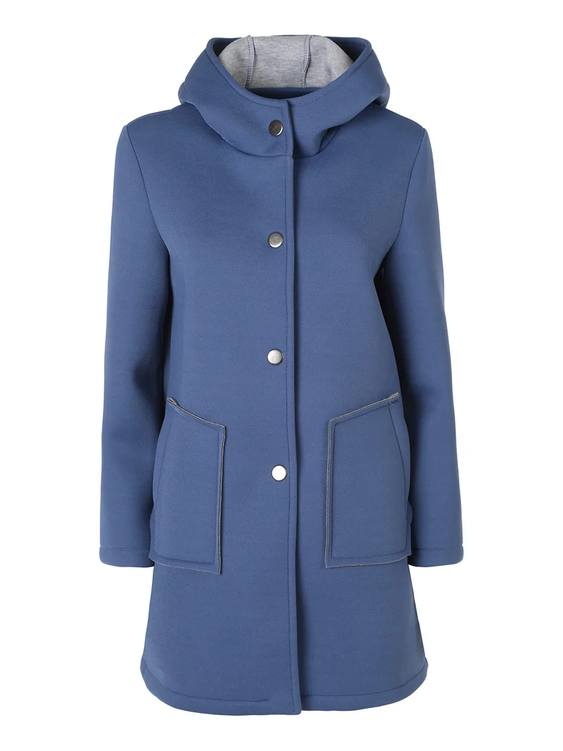 Cappotto da donna in panno con bottoni e cappuccio - blu