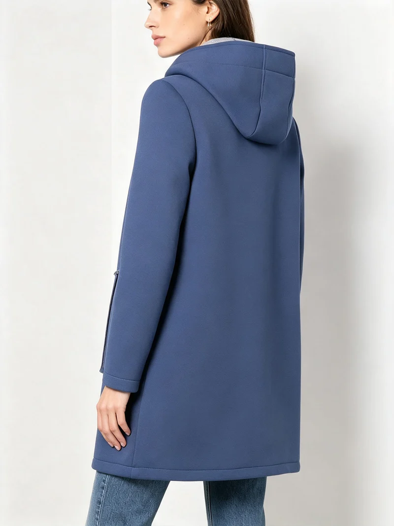 Cappotto da donna in panno con bottoni e cappuccio - blu