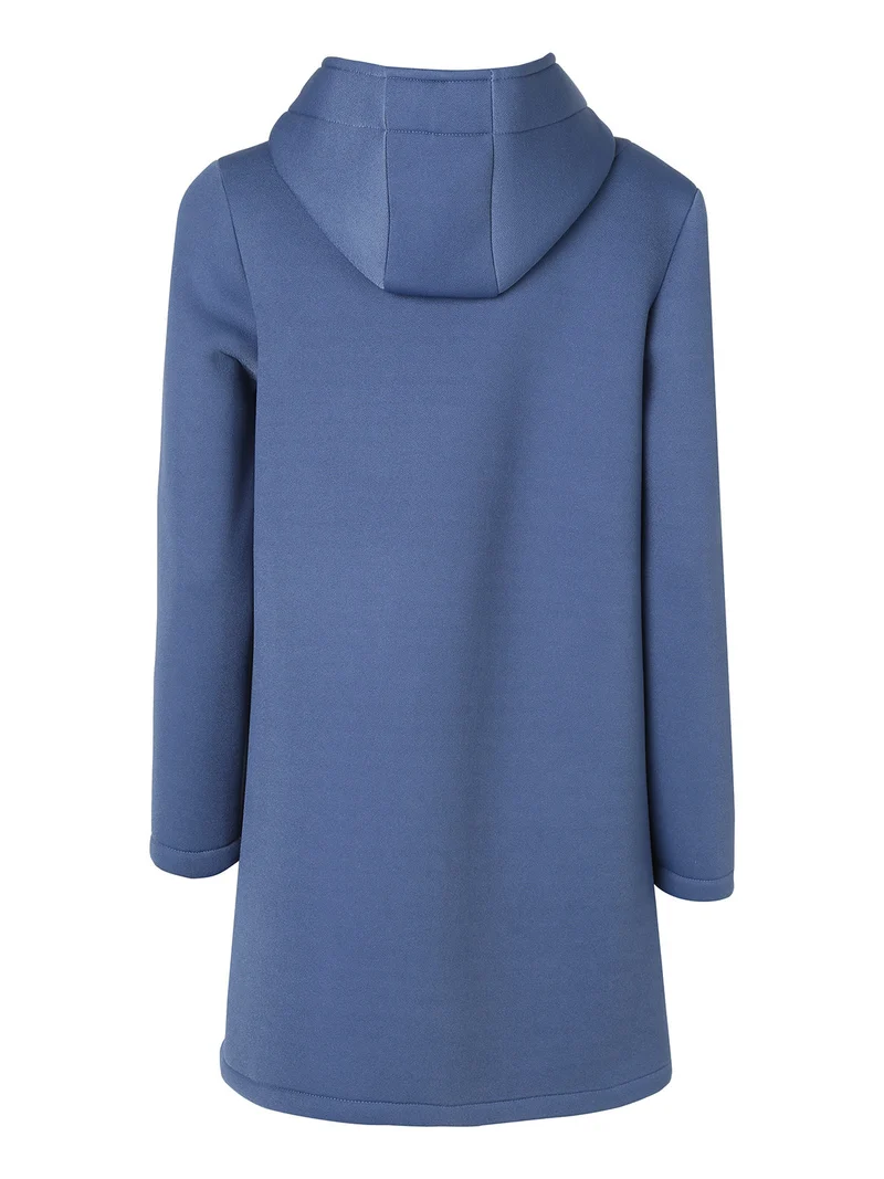 Cappotto da donna in panno con bottoni e cappuccio - blu