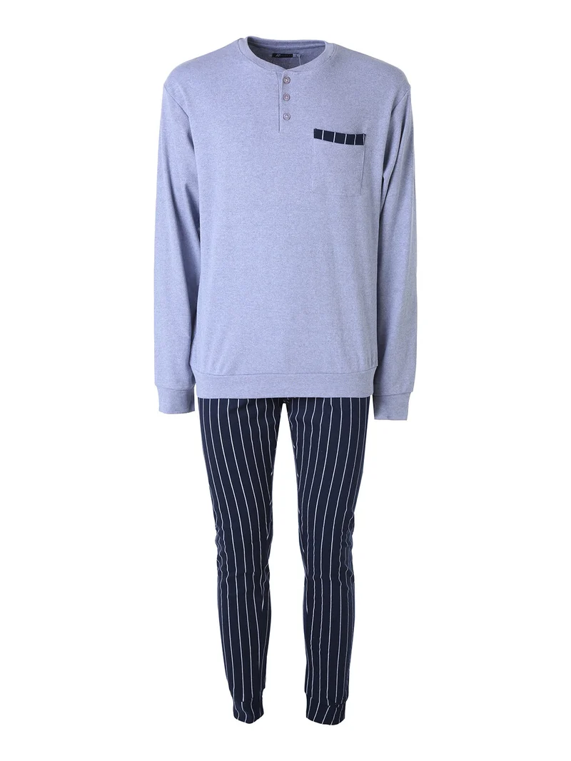 Pigiama lungo da uomo in cotone interlock con taschino e pantaloni a righe sottili - jeans