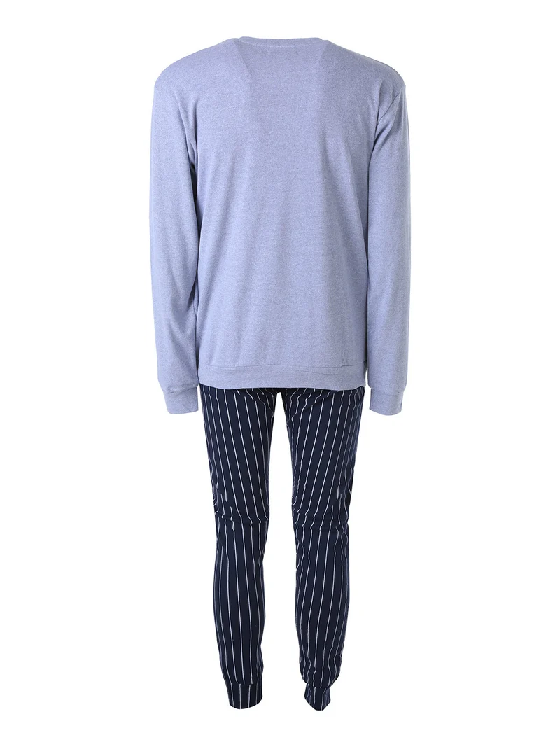 Pigiama lungo da uomo in cotone interlock con taschino e pantaloni a righe sottili - jeans