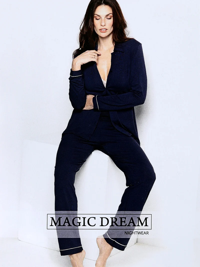 Pigiama donna aperto in fibre di bamboo - blu scuro