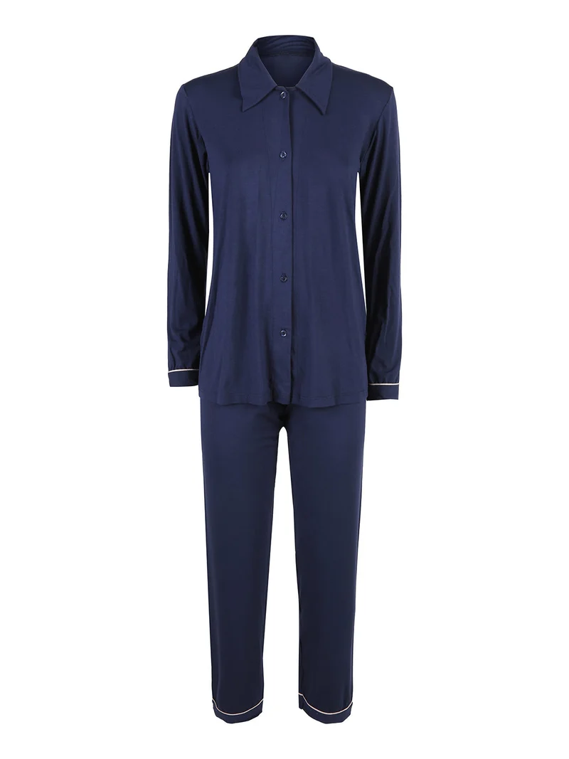 Pigiama donna aperto in fibre di bamboo - blu scuro