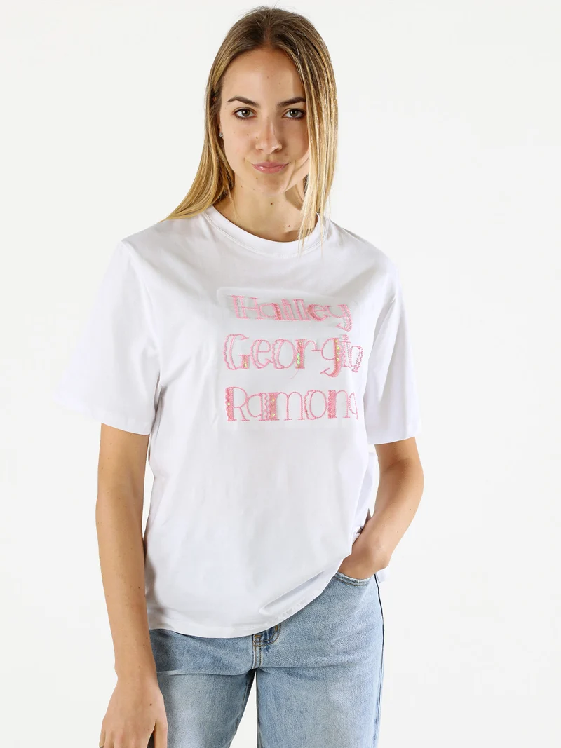 T-shirt da donna in cotone con ricami - rosa