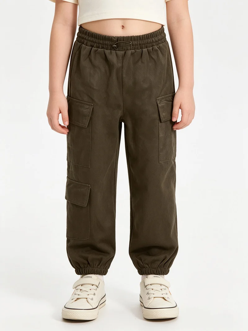 Pantaloni da bambina in velluto con tasconi laterali - militare