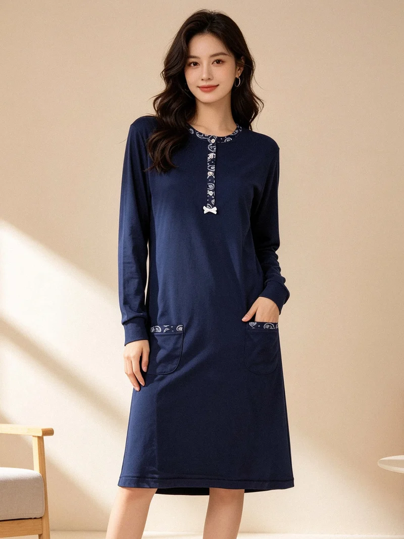 Camicia da notte a maniche lunghe in cotone interlock - blu scuro