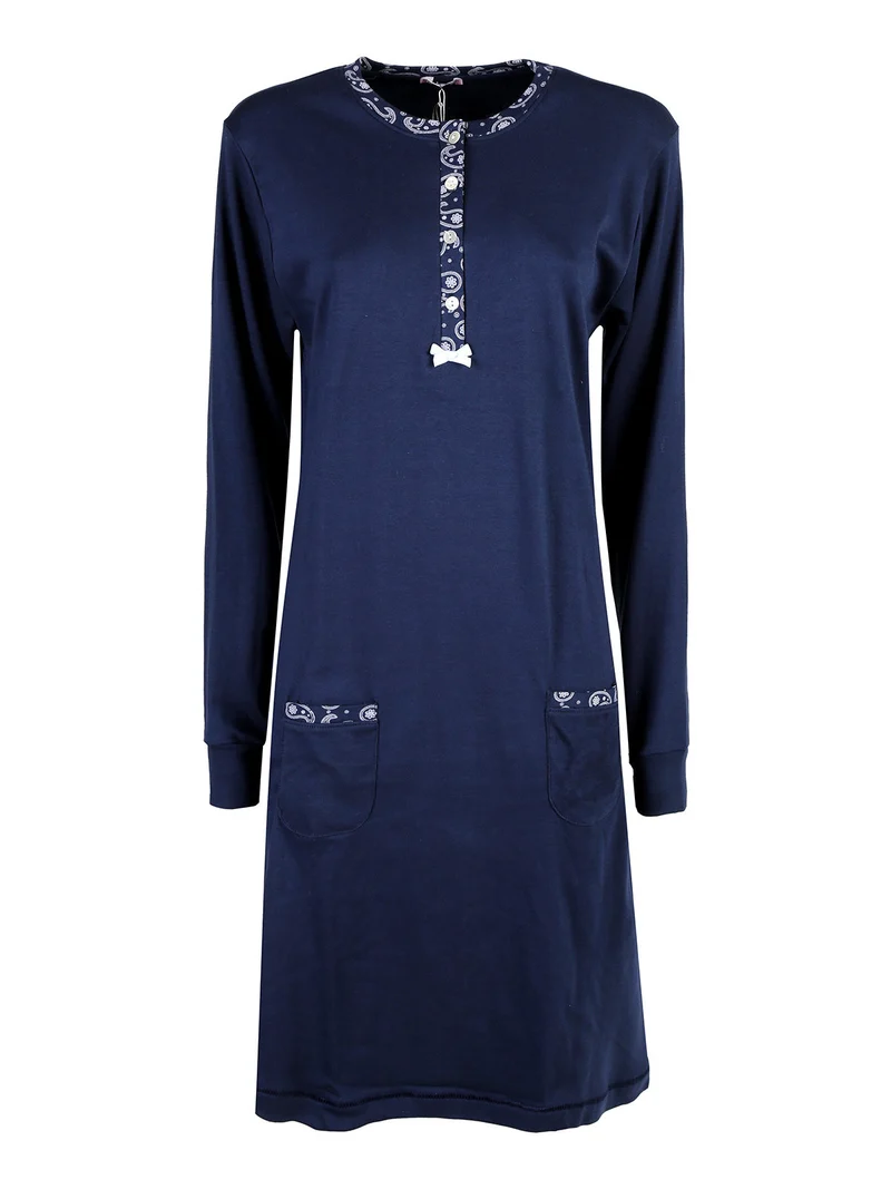 Camicia da notte a maniche lunghe in cotone interlock - blu scuro