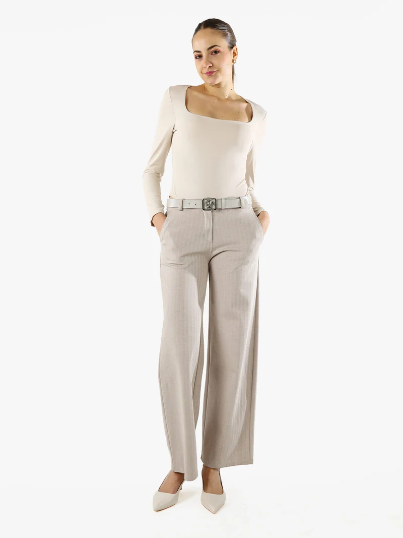 Pantaloni donna a palazzo spigati con cintura - beige
