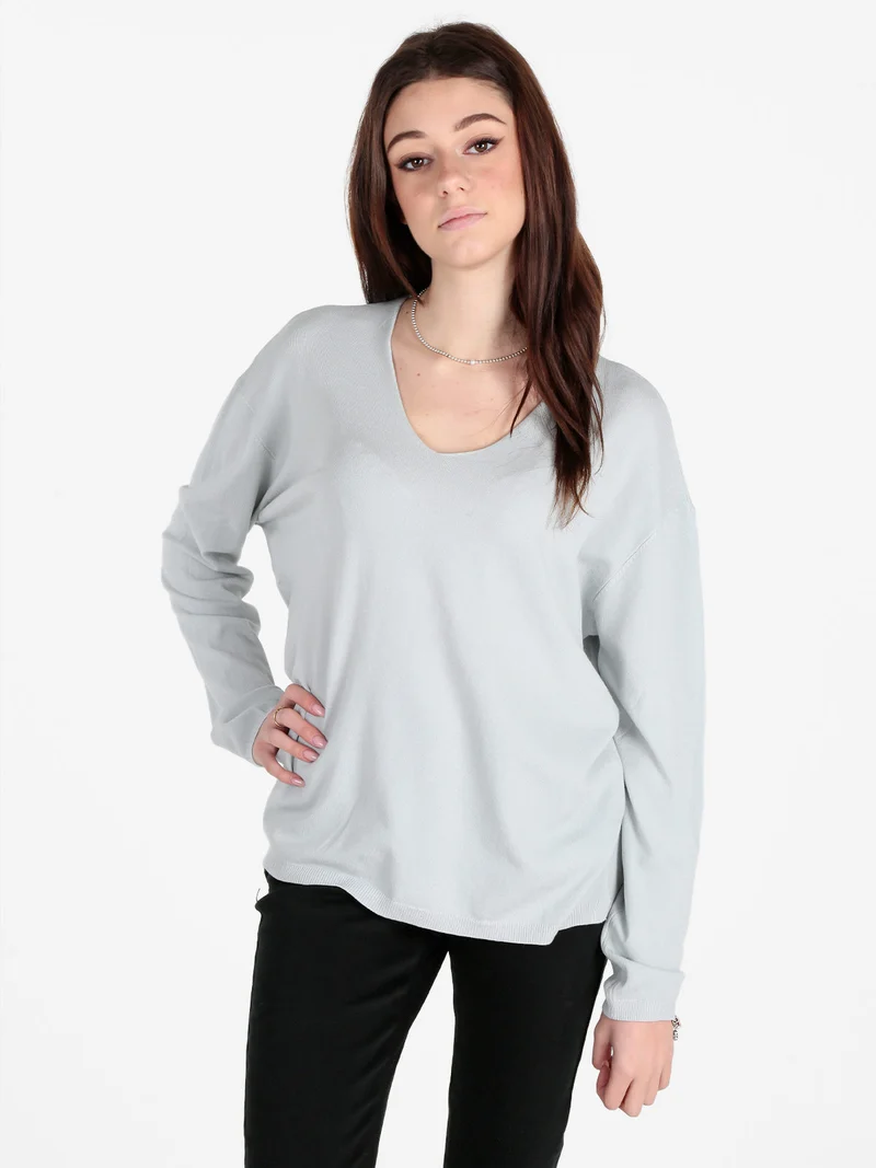 Pullover donna oversize in maglia scollo V - perla