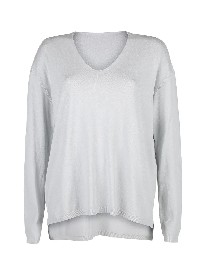 Pullover donna oversize in maglia scollo V - perla