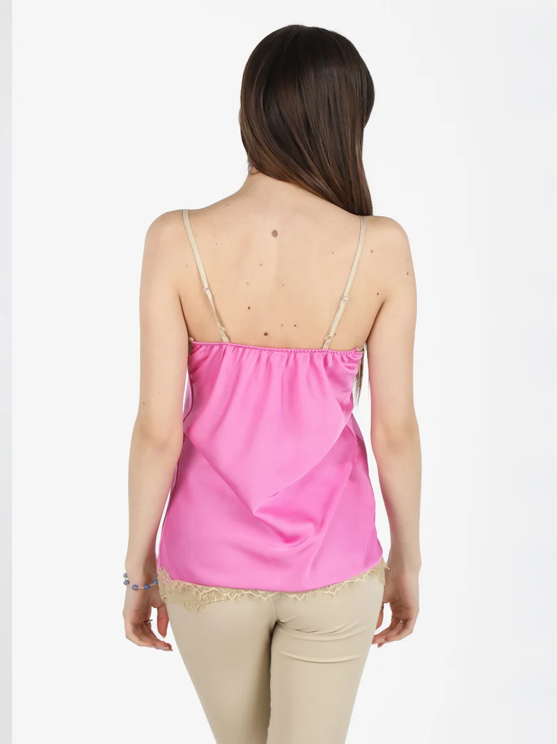 Top donna effetto raso con pizzo - fucsia